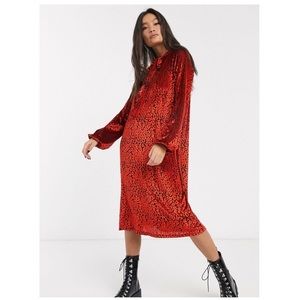 Asos design velvet tie neck midi dress in red.